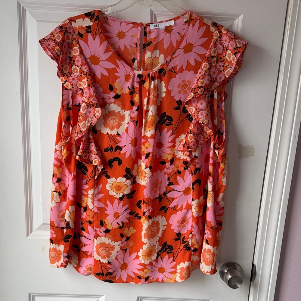 DR2 Orange Floral Ruffle Sleeve Blouse with Pink Accents